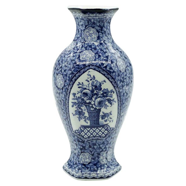 Ceramic Blue Vase with Floral Design by Franz Anton Mehlem, 19th Century For Sale - Image 5 of 5