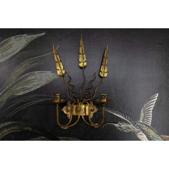 Gold Spanish Gilt Iron Medieval Revival Style Two-Arm Candle Wall Sconce, ca. 1950s For Sale - Image 8 of 18