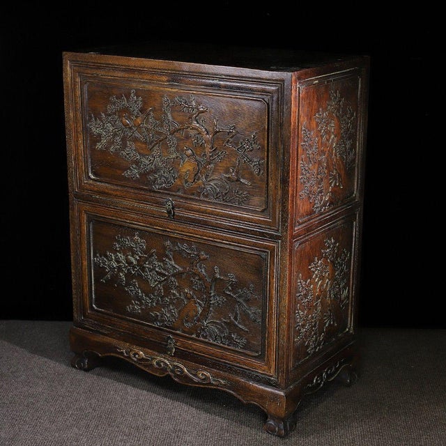 Chinese Vintage Rosewood Sliding Door Cabinet With Magpie & Plum Carving For Sale - Image 3 of 10