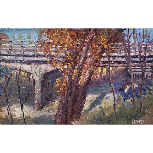 Washington Bridge by Delton Demarest | Oil Painting of a bridge with autumn trees nearby For Sale
