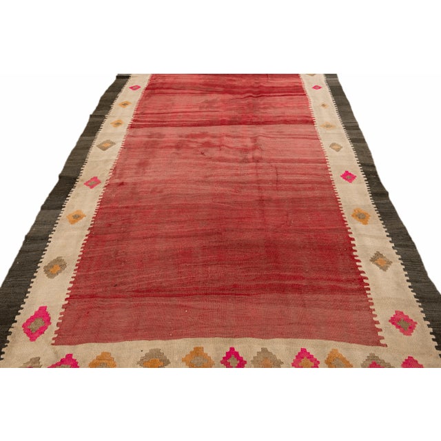 Red Vintage Kilim Handmade Flatweave Red Geometric Wool Runner 6' 3'' X 12' 10'' For Sale - Image 8 of 11
