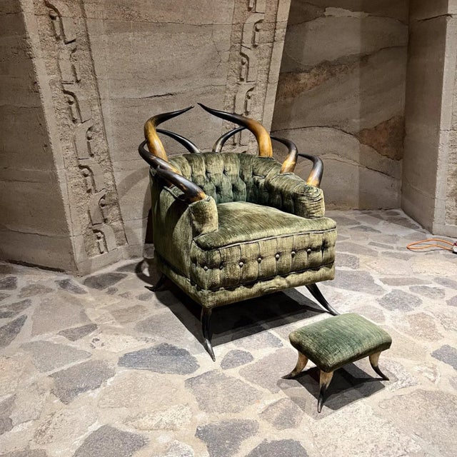 Textile 1960s Austrian Rustic Horn Lodge Chair and Footstool For Sale - Image 7 of 12