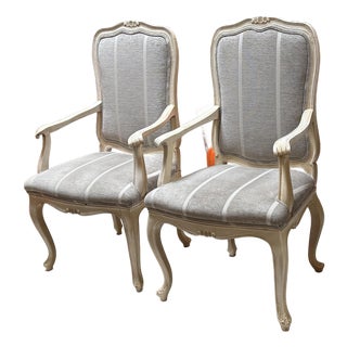 Jacara’s French Provincial Louis XV Style Upholstered Armchairs, Pair For Sale