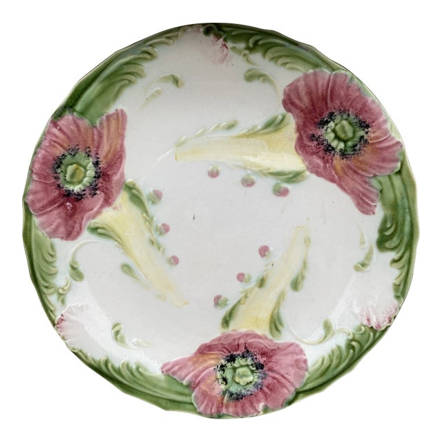 French Majolica Poppies Plate Luneville, Circa 1910 For Sale
