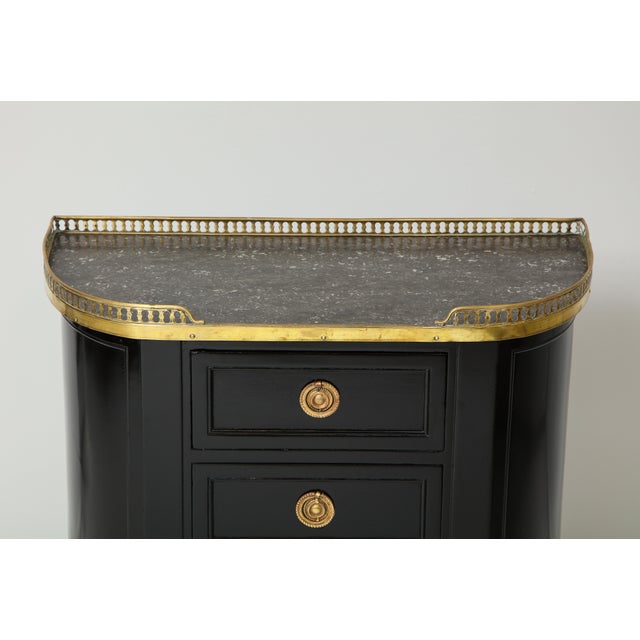 Pair of Ebonized French Marble-Top Petite Commodes With Brass Gallery For Sale - Image 4 of 13