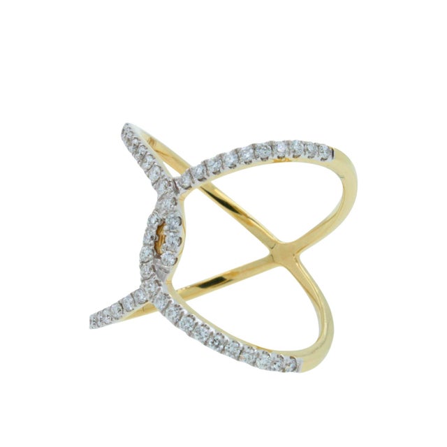 Brilliant Cut White Diamond X Criss Cross Pave Cocktail Fashion Open Bypass 14 Karat Yellow Gold Unique Ring * 0.65 Carats...