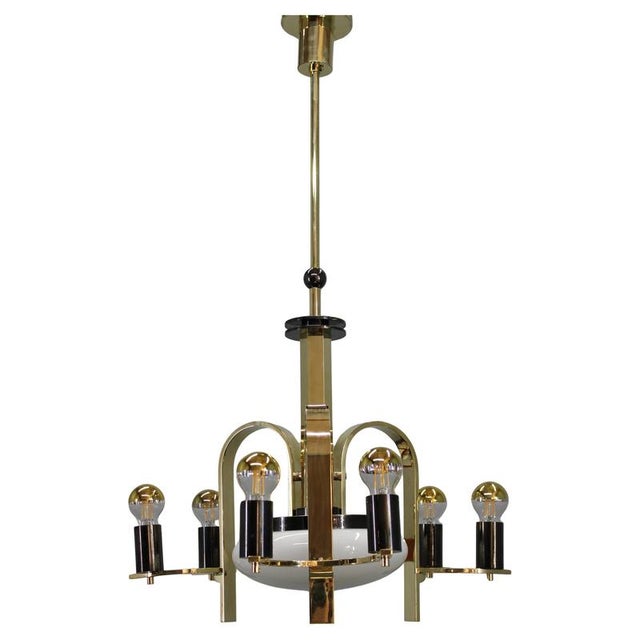 Vintage Art Deco Brass Chandelier with Milk Glass Center, 1930s For Sale - Image 16 of 16