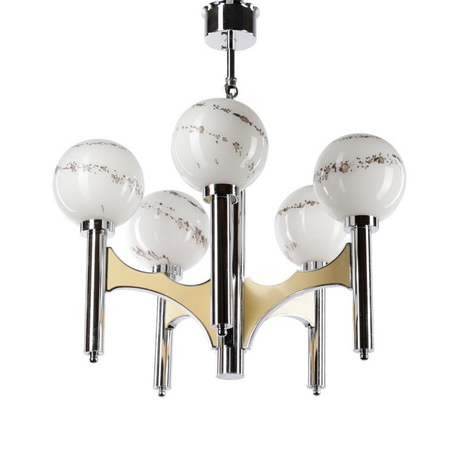 5-Light Chandelier in Chrome with Hand-Painted Glass Lamp Shades by Gaetano Sciolari, Italy, 1960s For Sale - Image 13 of 13