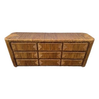 1970's Waterfall Rattan 9 Drawer Long Chest Style of Gabriella Crespi For Sale