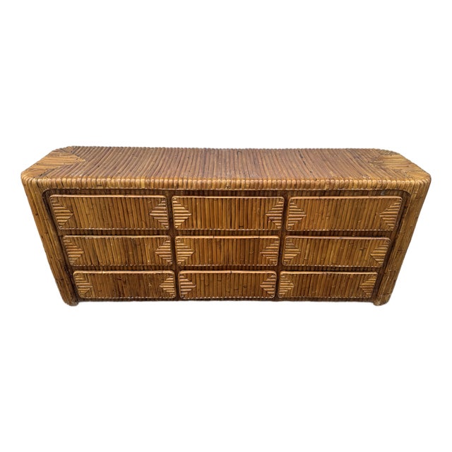 1970's Waterfall Rattan 9 Drawer Long Chest Style of Gabriella Crespi For Sale
