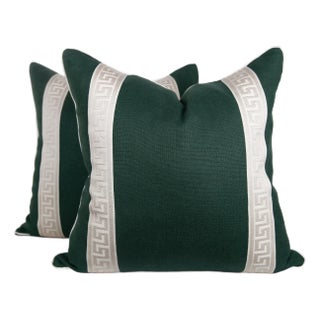 Designer Green Linen and Ivory Greek Key Tape Pillow Covers 22x22, a Pair For Sale