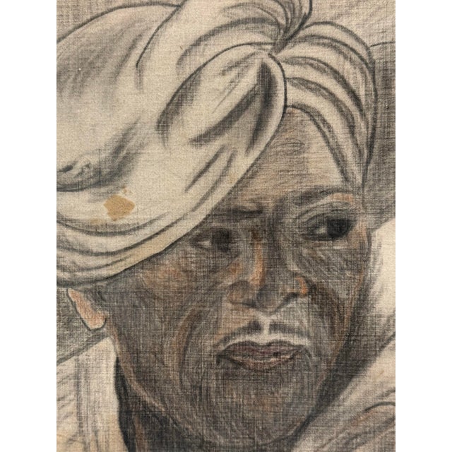 Mid 20th Century Vintage Graphite Portrait Drawing on Linen in Bamboo Frame For Sale - Image 5 of 10