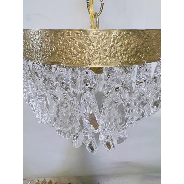 Brass Vintage Brass Ornate Crown Chandelier With French Pendalogue Crystals For Sale - Image 8 of 9