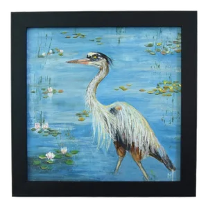 Wildlife Heron in Lake or Pond Oil Painting Displayed in a Sleek Black Wood Frame