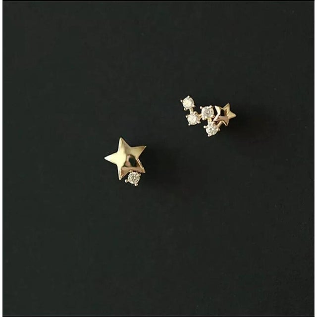 Art Deco 14k Solid Gold Japanese Asymmetric Star Women Modern Diamond Stud Earrings - 2 Pieces For Sale - Image 3 of 10