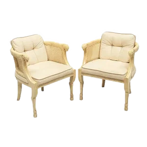 1980s Pair of Tomlinson Neoclassical Lacquered Goatskin Caned Back Ram's Head Armchairs