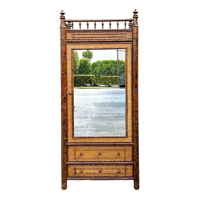 Vintage Tortoise Bamboo Mirror Front Armoire For Sale