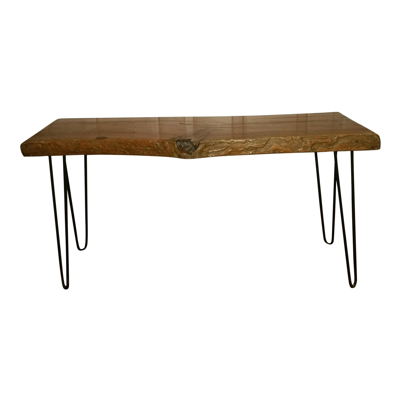 Lacquered Live Edge Wood Bench on Hairpin Legs | Chairish