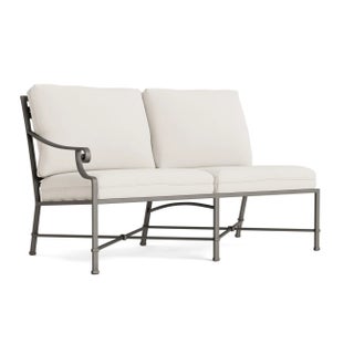 Brown Jordan Venetian Left Arm Loveseat, Mica frame with Fusion Natural fabric For Sale