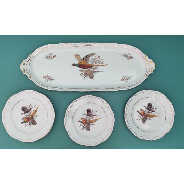 Sandwich Plate Porcelain Set with Pheasants Motifs by Zsolnay Hungary, 1970s, Set of 7 For Sale - Image 9 of 9
