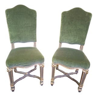 Chairs in Lacquered and Gilded Wood with Green Velvet Upholstery, 1940s, Set of 2 For Sale