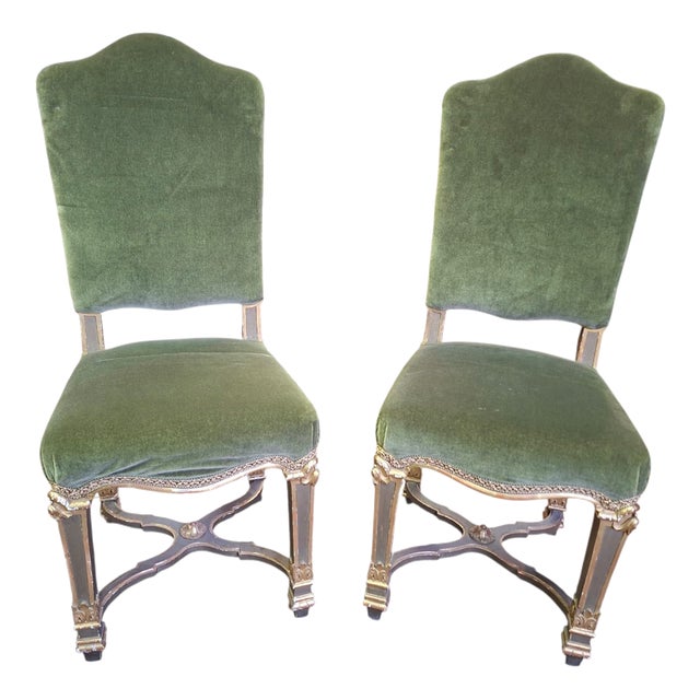 Chairs in Lacquered and Gilded Wood with Green Velvet Upholstery, 1940s, Set of 2 For Sale
