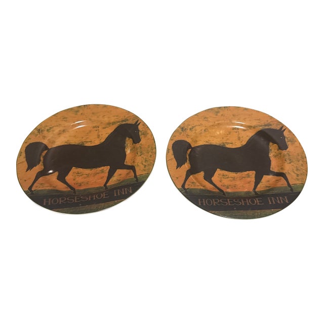 1980s Warren Kimble for Sakura "Horseshoe Inn" Ceramic Salad Plates - Pair For Sale