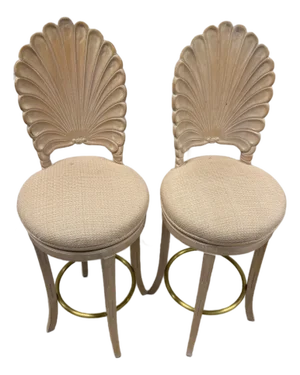 Pair of Vintage Shell-Back Bar Stools With Brass Footrests