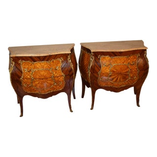 1910s Antique French Louis XV Mahogany & Satinwood Marble Top Pair of Commodes For Sale