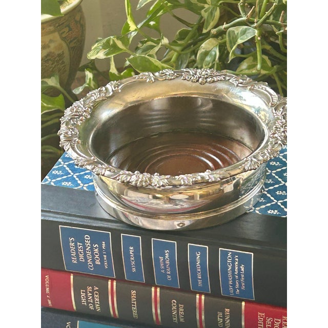 English Vintage Heavy Silver Over Copper Wine Bottle Coaster With Turned Wood Base For Sale - Image 3 of 9