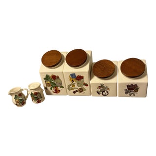 1970s Hyalyn Ceramic Canisters With Creamer and Sugar Set - 6pcs For Sale