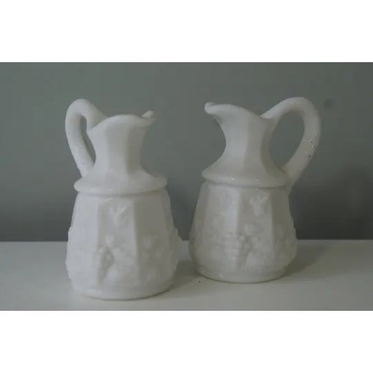 American 1980s Small Milk Glass Creamers / Syrup Vases - a Pair For Sale - Image 3 of 4