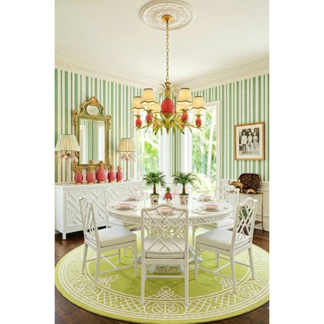 Traditional Vintage Custom Hand Painted Palm Beach Regency Pink Green Pineapple 6 Light Chandelier W/ Striped Shades For Sale - Image 3 of 12