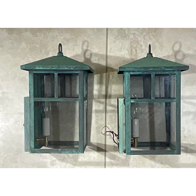 Vintage Pair of Solid Brass Outdoor Wall Lanterns – 13”h X 7”.5w X 7”.5d For Sale - Image 14 of 18