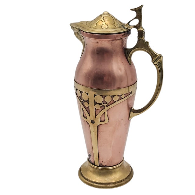 Art Nouveau Art Nouveau Jugendstil Copper and Brass Lidded Tankard or Flagon, 13” For Sale - Image 3 of 12