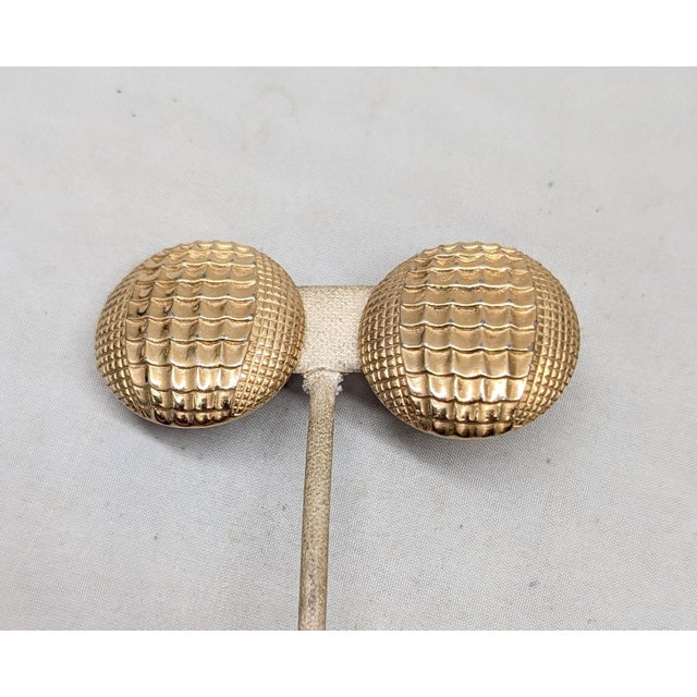 Mid-Century Modern Vintage 1955 Signed Castlecliff Round Goldtone "Alligator" Texture Clip Earrings-2 Pieces For Sale - Image 3 of 8