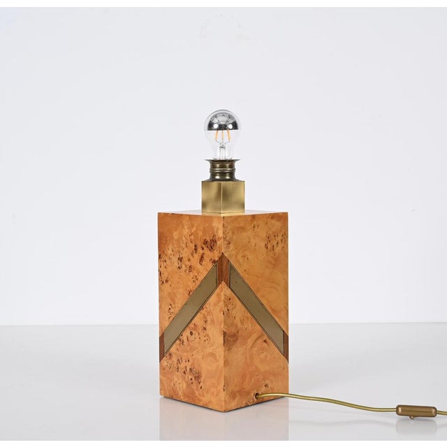 Brown Mid-Century Italian Poplar Burl and Brass Table Lamp from Tommaso Barbi, 1970s For Sale - Image 8 of 18