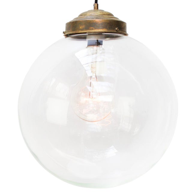 Large Vintage Clear Glass and Brass Globe Pendant Light For Sale - Image 6 of 7
