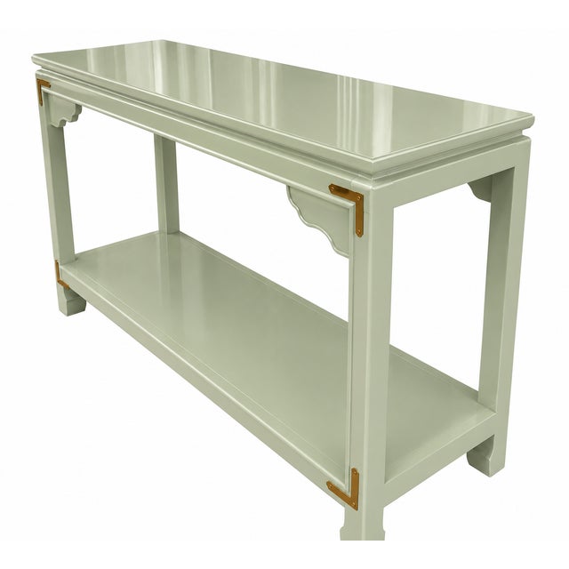 Chinoiserie Console Table in High-Gloss Lacquer With Brass Corner Accents For Sale - Image 4 of 6