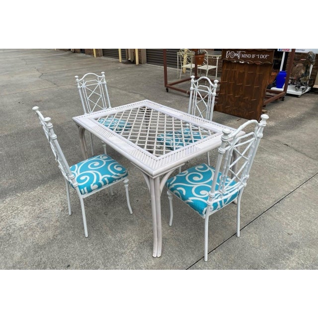 1970s 1970s White Wicker Dining Table With Metal Chairs and Blue Accent Cushions For Sale - Image 5 of 9