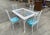 1970s 1970s White Wicker Dining Table With Metal Chairs and Blue Accent Cushions For Sale - Image 5 of 9