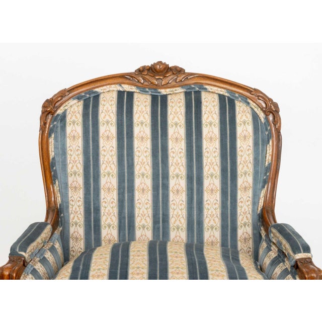 French Louis XV Style Velvet Upholstered Bergeres, Pair For Sale - Image 3 of 5
