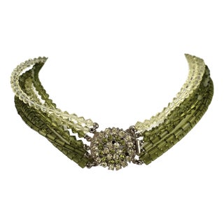 Mid Century Multi Strand Green and Clear Beaded Necklace With Cluster Clasp For Sale