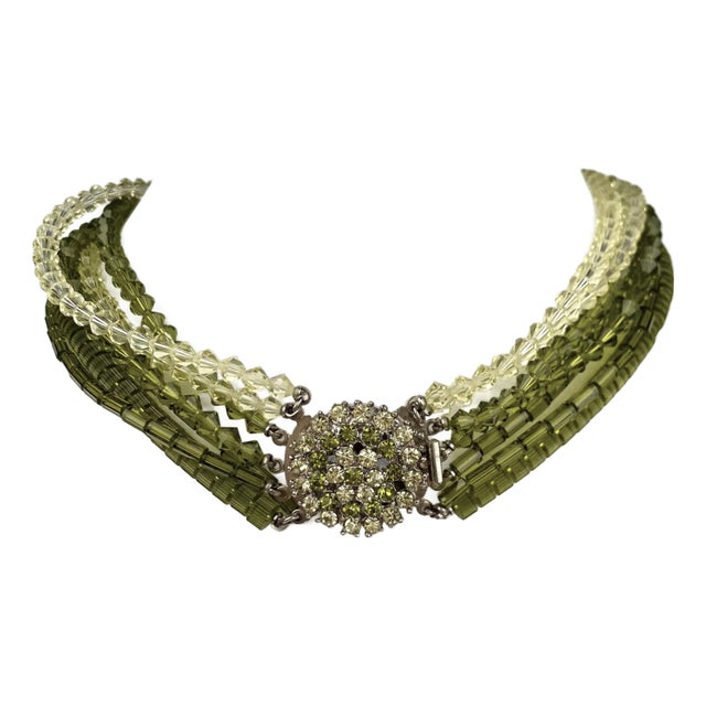 Mid Century Multi Strand Green and Clear Beaded Necklace With Cluster Clasp For Sale