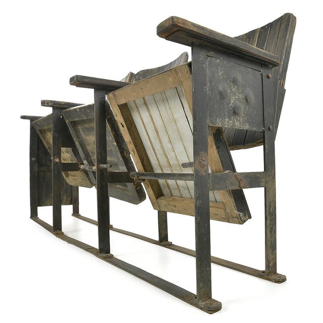 3-Seater Cinema Bench in Patinated Wood with Metal Frame For Sale - Image 6 of 7