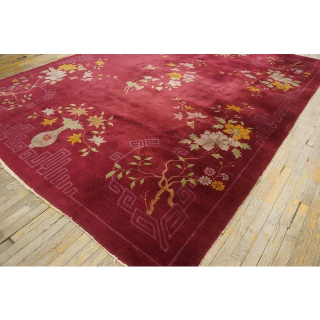 Textile Adorable Red-Maroon Background Asymmetric Detail Floral Desing Antique Chinese Art Deco Rug For Sale - Image 7 of 9