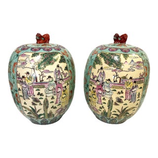 Large Vintage Lidded Ceramic Ginger Jars With Chinoiserie Decoration and Foo Dog Handles- a Pair For Sale