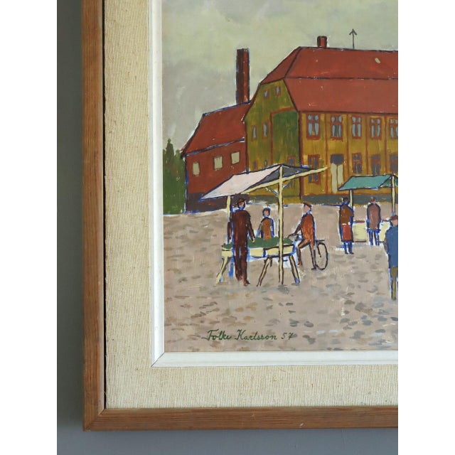 1957 Mid-Century Modern 'Market Day in the Square' Vintage Original Street Scene Landscape Oil Painting, Framed For Sale - Image 6 of 12