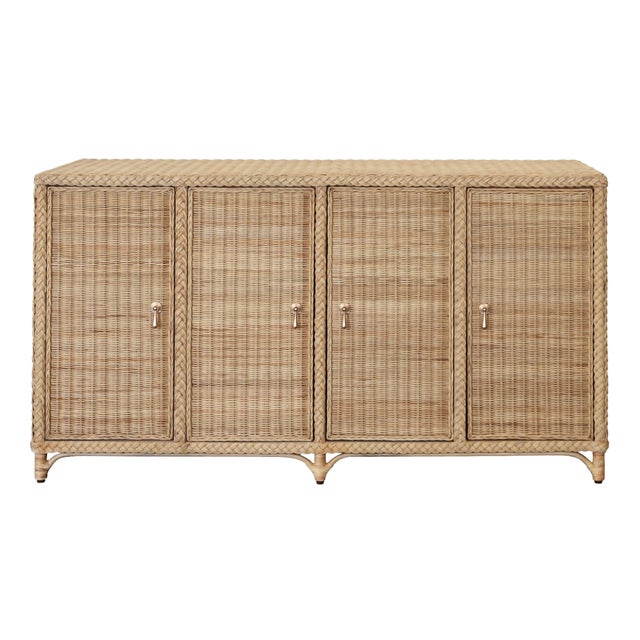 Tan Matthew Izzo Home Evander Wrapped Rattan Four Door Buffet With Satin Brass Door Pulls For Sale - Image 8 of 8
