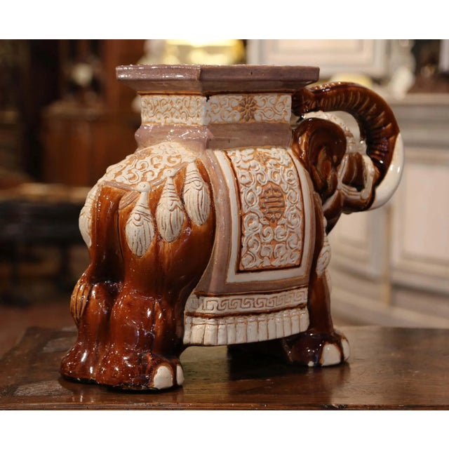 Ceramic Mid-Century French Hand Painted Faience Elephant Garden Seat or Side Table For Sale - Image 7 of 9